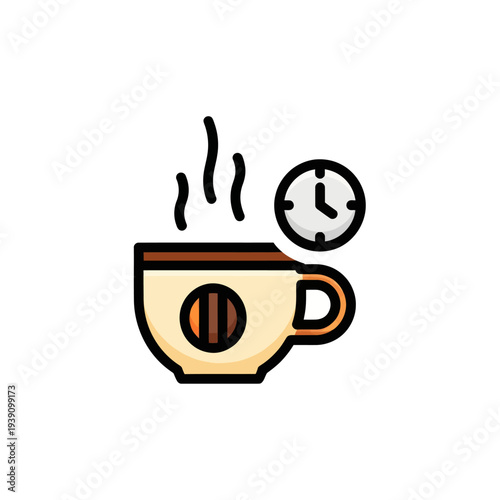 Hot coffee cup with steam and clock icon for break