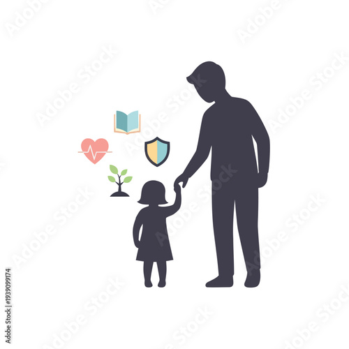 Parent and child holding hands with symbols of care and future