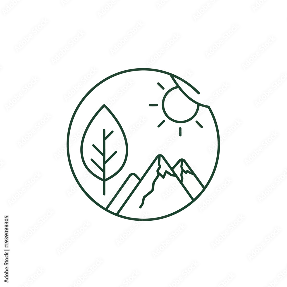Obraz premium Simple circular nature logo with leaf mountains and sun