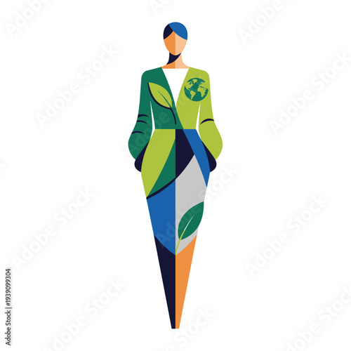 Stylized woman in ecological dress with globe and leaves