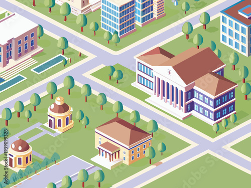 Isometric illustration of a city landscape with governmental buildings