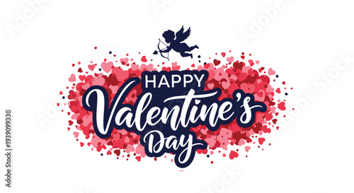 Happy Valentines Day typography greeting card design featuring a decorative cupid silhouette and a large cluster of small red and pink hearts.