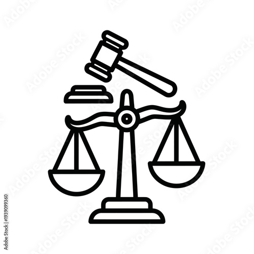 Justice scales and gavel line art icon on white