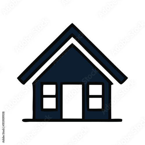 Hand-drawn house icon in dark blue with a pointed roof and white windows, symbolizing home, real estate, and property ownership. Ideal for web elements, app interfaces, or domestic living concepts