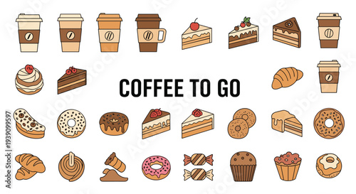 Comprehensive set of icons for coffee to go and bakery products including take away cups, donuts, croissants, muffins, and cake slices on white.