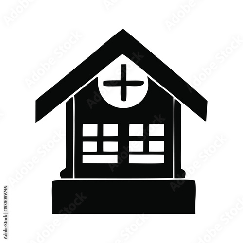 Simple black and white illustration of a hospital building with a cross symbol on top