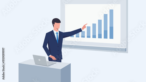 スクリーンのグラフを指しながらプレゼンをする男性のベクターイラスト