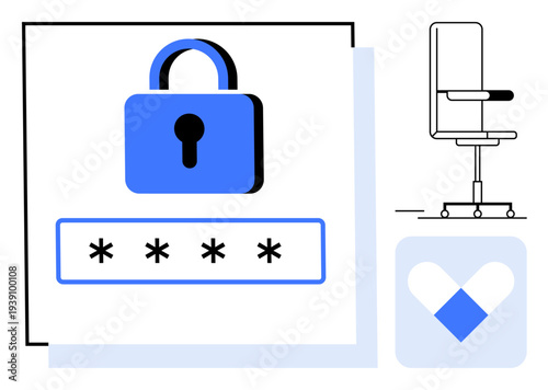 Cybersecurity, authentication, online safety, workplace, digital access, privacy protection. A secure lock icon with password field, an office chair and an abstract heart-shaped logo. Cybersecurity