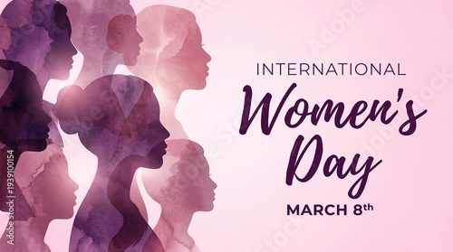 Vibrant international women's day graphic with silhouettes of women's faces in pink and purple hues