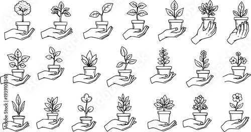 Line art collection of hands holding various potted plants, from small trees and leafy saplings to blooming flowers, symbolizing growth, care, nature, and gardening.