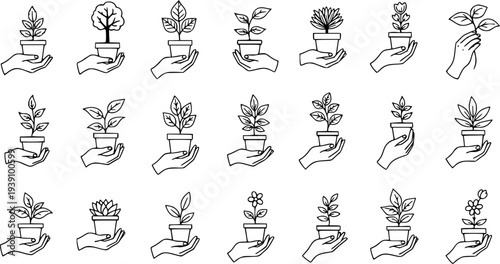 Illustration of Hands Holding Potted Plants: Diverse Botanical Icons for Growth and Nature Concepts