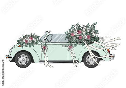 Elegant light blue convertible decorated with abundant floral arrangements and flowing ribbons for a special occasion