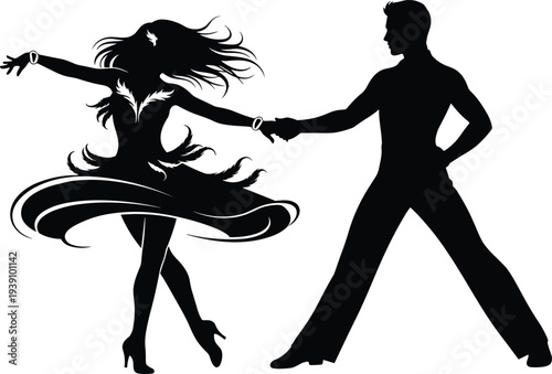 Elegant Black Silhouette of Professional Ballroom Dancers Performing Passionate Latin Salsa Dance Move Isolated on White Background for Graphic Design