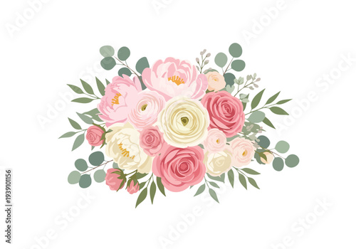 Elegant floral arrangement with soft pink and cream roses, accented with green eucalyptus leaves for a delicate and romantic touch
