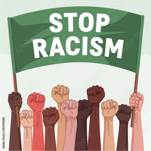 Diverse group of people raising fists holding a stop racism flag.