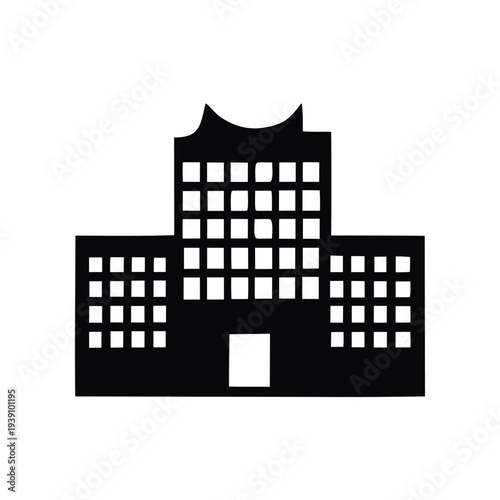 Clean black vector icon illustrating a modern urban building with multiple windows, representing office spaces, hotel properties, or general city architecture for business and development concepts
