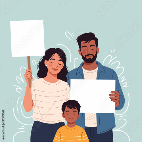 Family holding blank signs for protest or demonstration.