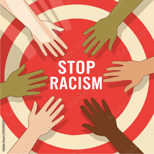Diverse Hands Reaching Towards Stop Racism Message.