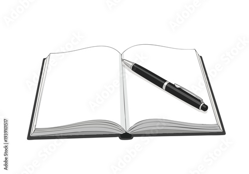 Open book with pen on white background, symbolizing writing, education, and creativity