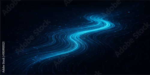 Abstract blue background with fractal waves and bright light design creates a futuristic motion pattern of digital energy curves on a black backdrop