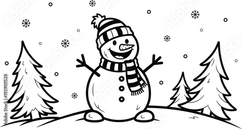 Coloring page for the little ones with a Christmas snowman