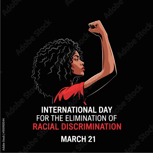 Woman raising fist for international day for elimination of racial discrimination.