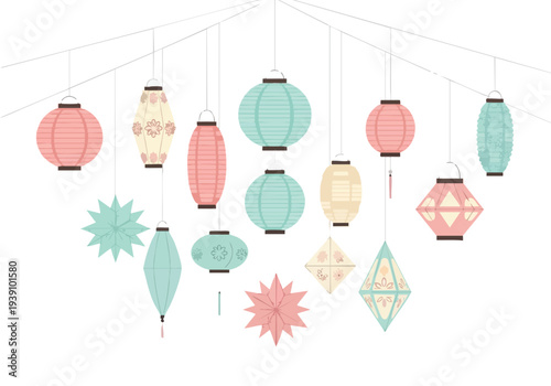 Collection of colorful hanging lanterns with decorative geometric patterns, celebrating festive occasions and cultural traditions