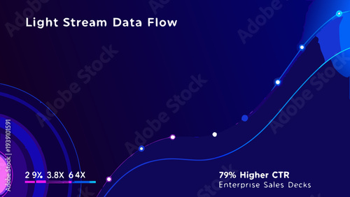 Abstract data flow visualization with bright blue curves and text overlays