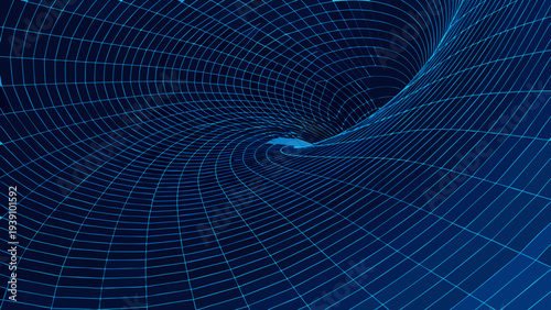 Abstract blue vortex with a grid pattern resembling a futuristic tunnel