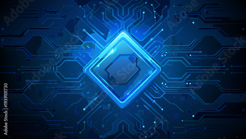 Abstract blue circuit board pattern with a central diamond focus