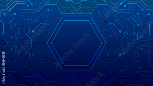 Abstract blue circuit board pattern with a central hexagonal shape