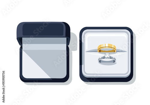 Jewelry box with wedding ring and engagement ring inside, symbolizing love and commitment
