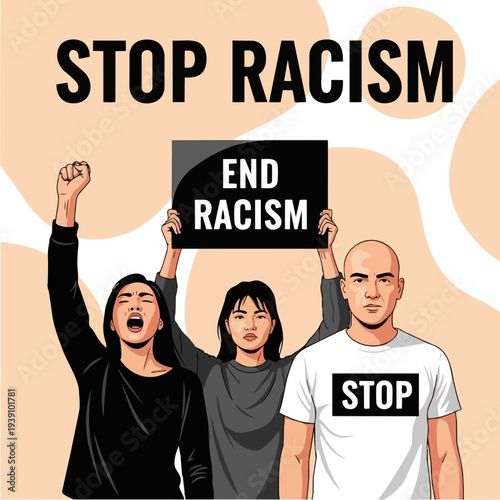 People protest against racism holding signs and raising fists.