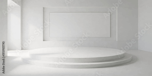 An empty white 3d interior featuring a blank wall and floor within a minimalist modern apartment hall designed for an art gallery exhibition or home architecture render