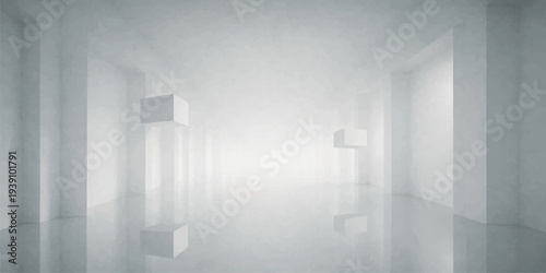 Minimalist architecture 3d render of an empty white room featuring a blank wall with a door and window in a bright modern home apartment gallery space