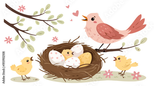 Birds nest with eggs and chicks springtime vector illustration
