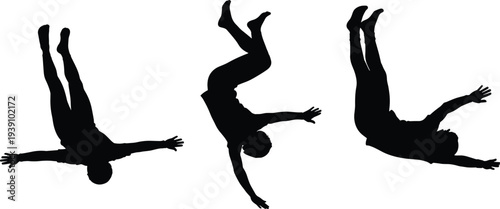 Falling man silhouette vector illustration with person jumping in air and male figure dropping down from sky on white background