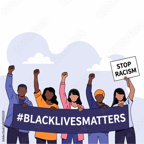 Diverse group of people holding a Black Lives Matter banner and stop racism sign.