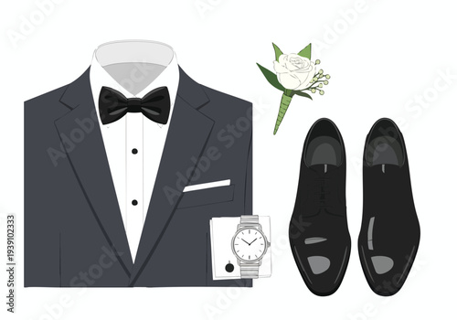 Formal attire for a man including a tuxedo jacket, bow tie, cufflinks, wristwatch, and dress shoes