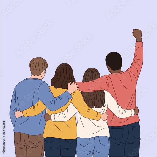 Diverse group of friends standing together arms around shoulders.
