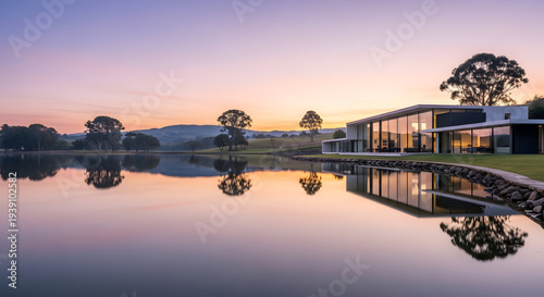 Modern luxury house by serene lake at sunset with perfect reflection