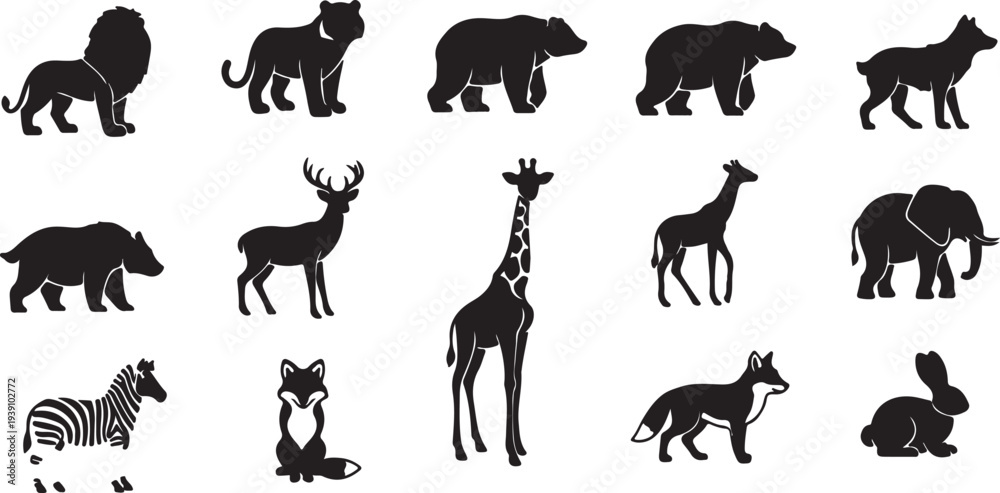 Naklejka premium Big Set of Diverse Black Wild Animal Silhouettes Vector Icons Collection isolated PNG with Transparent Background