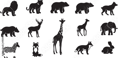 Big Set of Diverse Black Wild Animal Silhouettes Vector Icons Collection isolated PNG with Transparent Background