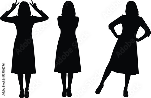 Set of three elegant female silhouettes in various poses including peace signs shy hiding face and confident hands on hips