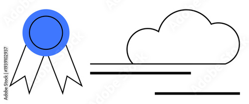 Certification, awards, digital transformation, cloud services, achievement, data storage. A blue ribbon beside an abstract cloud. Certification and digital transformation concept
