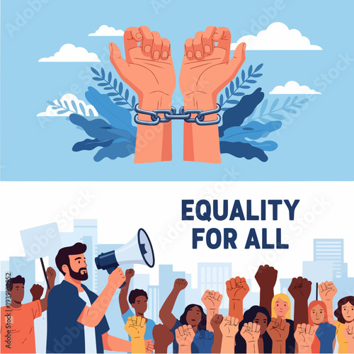 Hands breaking chains symbolizing freedom and equality for all people.