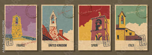 European Countries Bell Towers Attraction Postcard Set, France, United Kingdom, Spain, Italy Medieval Church Bell Towers Popular Place Illustrations, Vector Template Retro Style Greeting Cards. Vintag