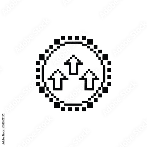 Solid Black and White Pixel Level Up Icon for Retro Gamer Achievement and Interface Design
