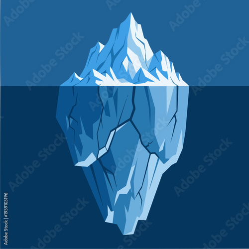Large blue iceberg floating in deep blue water with visible underwater portion.