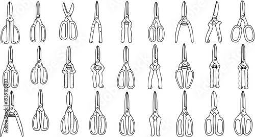Hand-drawn collection of various gardening scissors and pruning shears, black outline sketch set for horticulture and household use.